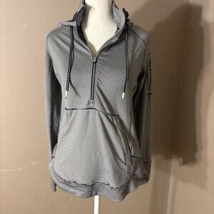Athleta 1/2 Zip Fitted Hoodie Blue/White Striped Arm Zip Pocket Curve Hem Sz M